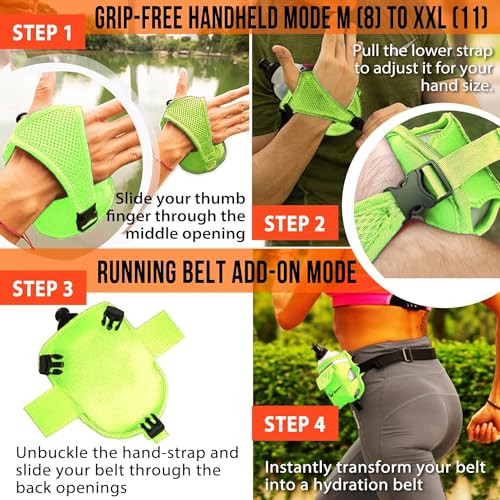 2-in-1 Running Fun: Handheld 12 Oz Water Bottle & Running Belt Add-On. No-Grip Design Straps on Hand & Slides on Belt. Waterproof Pocket for Money, Keys. Maximize Time, Freedom & Health - color: Electric Lime
