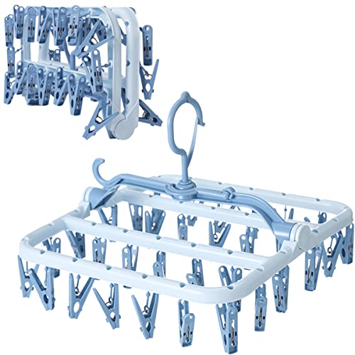 Foshine Clothes Drying Racks Foldable Clip Hangers Plastic with 32 Clips - color: Blue