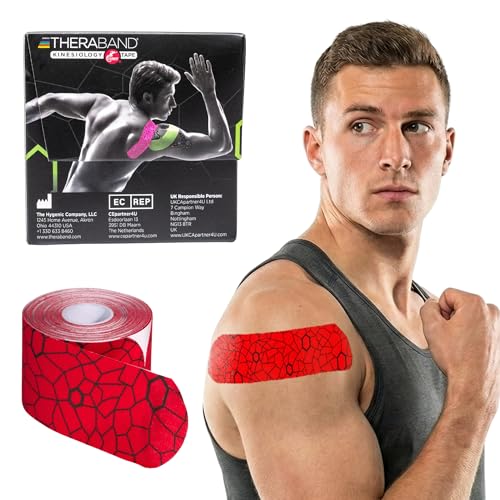 THERABAND Kinesiology Tape, Knee, Precut, Athletic, Shoulder, 2", Red/Black - color: Red/Black