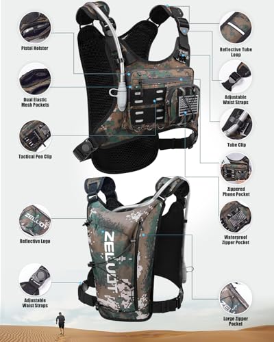 Zelvot Running Vest with 2L Water Bladder, Hydration Backpack, U.S. Design Patent, Lightweight Hydration Pack with Gear Holder, Reflective Chest Pack for Men Women - color: Camo Army Green, size: Medium-Large