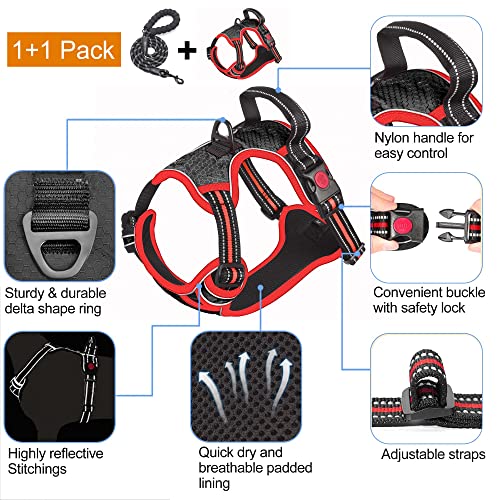 tobeDRI No Pull Dog Harness Adjustable Reflective Oxford Easy Control Medium Large Dog Harness with A Free Heavy Duty 5ft Dog Leash, Black/Red, XL - color: Black/Red, size: X-Large