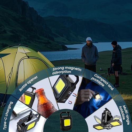 MAKDAK 2PC Cob Keychain Work Light EDC Rechargeable Foldable Keychain Flashlight,Bottle Opener,for Camping,Car Repair,Hiking,Repairing,Power Outrage,Pet Walking,Emergency - color: Black-2PC