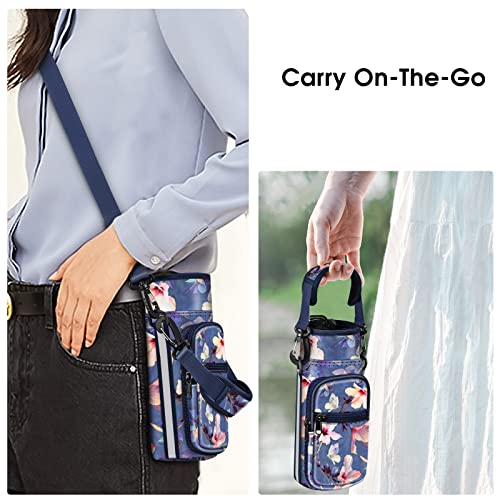 CaseBot Water Bottle Carrier Bag Sling Case, Sports Water Bottle Pouch Holder Sleeve with Adjustable Shoulder Hand Strap and 2 Pockets for Men Women Hiking Camping Travelling - color: Blooming Hibiscus
