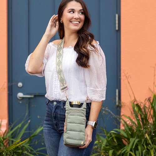WanderFull Original HydroBag Crossbody Water Bottle Holder with Phone Pocket, Fits Water Bottles up to 32 oz - color: Sage Green - Patterned Strap