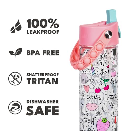 Elemental Splash 26oz Tritan Plastic Water Bottle with Straw & Pop-It Strap - color: Girl Power, size: 26 Ounces