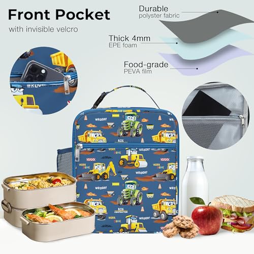 Clastyle Car Insulated Kid Lunch Bag for Boy Lunch Box, Yellow Excavator - color: Yellow Excavator