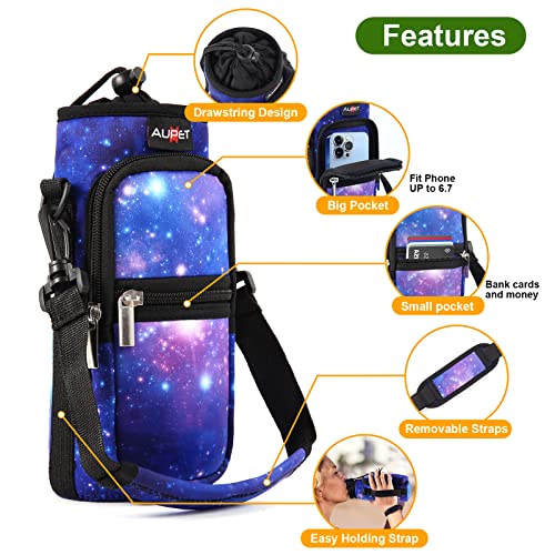 AUPET Water Bottle Sling Bag Sleeve Holder Carrier 25/32/40/64 oz,Insulated Crossbody Water Bottle Case Cover with Strap and Pockets for Men/Women Walking Hiking - color: purple starry sky, size: 32oz