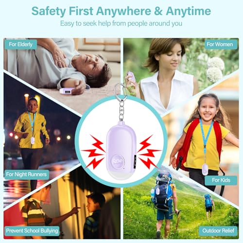 Hion Personal Safety Alarm for Women, Rechargeable 130dB Self Defense Alarm Keychain with LED Flashlight, Emergency Safe Sound Security for Children Elderly College Girls Men, Purple - color: Purple