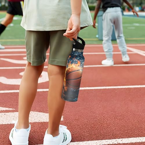 Basketball Water Flame Water Bottle Thermos Stainless Steel Vacuum Insulated Mouth Bottle with Wide Handle - color: Basketball Water Flame