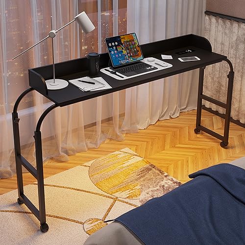 HWB Bed Table Desk with Wheels & Adjustable Height, LED Lights - color: Carbon Black