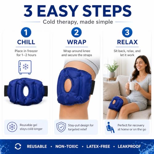 Knee Ice Pack Wrap, Reusable Hot & Cold Compress with Adjustable Straps, Flexible Gel Pack for Knee, Elbow & Ankle, Cooling and Warming Comfort for Daily Use