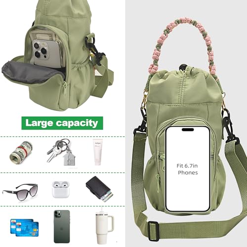 Wongeto Water Bottle Holder with Strap,25oz/40oz/64oz Water Bottle Carrier Sling Bag with Phone Pocket Crossbody Adjustable Shoulder with Hand Strap for Walking - color: Green