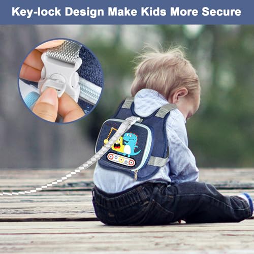 Accmor Toddler Harness Leash+ Reflective Anti Lost Wrist Link, Cute Dinosaur Kids Harness with Leash, Collapsible Child Leash Baby Boys Walking Wristband Assistant Strap Belt for Outdoor Travel - color: Navy Blue/Crane Dinosaur