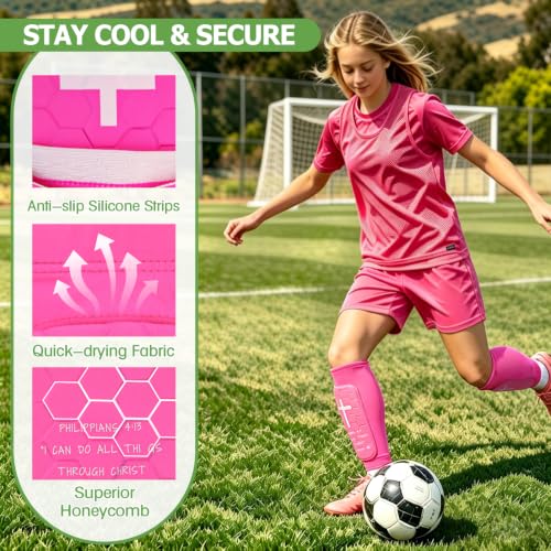 Soccer Shin Guards for Kids Youth and Adults, Honeycomb Padded - color: Pink, size: Medium
