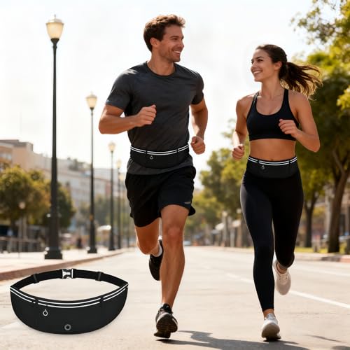 4 Pcs Slim Running Belt, Fanny Packs for Women, Lightweight Reflective Fitness Belt with Zipper Pockets, Moisture Wicking Sports Waist Pack for Men Women