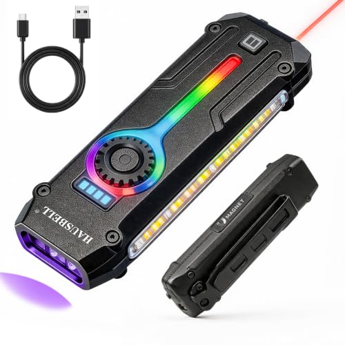 HAUSBELL UV Flat EDC Flashlight Rechargeable, 365nm Black Light & Red Laser Pointer, Slim Pocket Light 1800 Lumens, Stepless Dimming, Side-COB Flood, Magnetic Base for Outdoor, Car Repairing, Gifts - color: Black