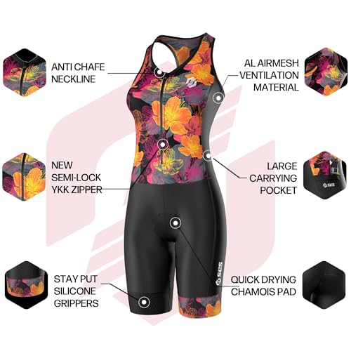 SLS3 Triathlon Suits Women - Sleeveless Pro Trisuit with Comfy Tri Chamois - color: Black/Sunrise Blooms, size: Small