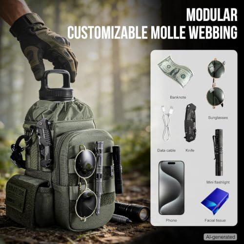 ONETIGRIS Tactical MOLLE Water Bottle Holder 40-64oz with Phone Pocket - color: Green