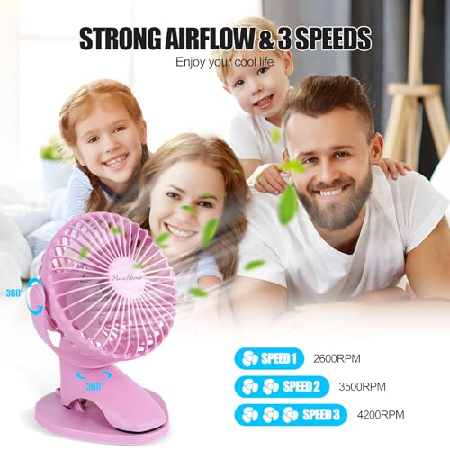 PureHome Portable Clip Fan Battery Operated,3 Speeds USB Rechargeable Mini Table Fan with Strong Airflow,360°Rotation Ultra Quiet Personal Desk Fan for Home Office Bedroom Dorm Stroller Camping- Pink - color: Pink