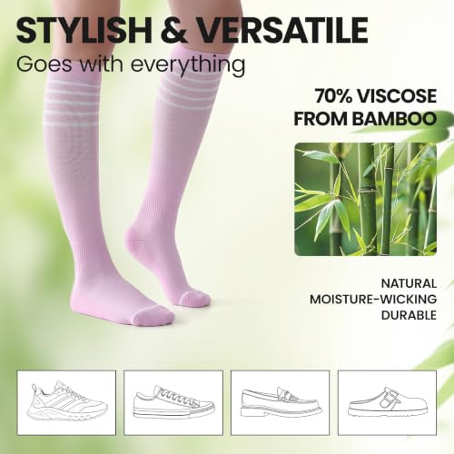 Bamboo Viscose Compression Socks 15-20 mmHg Knee High 3 Pairs Unisex - color: A02-3pair-striped Purple Apricot Pink, size: Large-X-Large