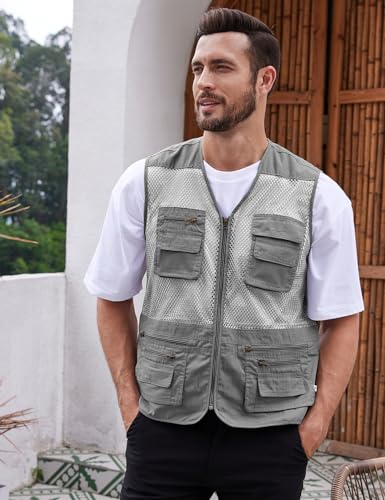 Gihuo Men's Utility Vest Fishing Safari Vest Summer Travel Vest with Pockets - color: Grey, size: Medium
