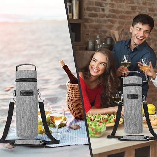 opux Single Bottle Wine Bag Carrier Insulated Cooler Tote with Strap, Grey - color: Heather Gray
