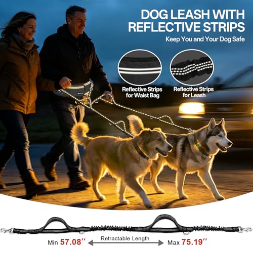 Hands Free Double Dog Leash for Two Dogs 240LB Heavy Duty Bungee
