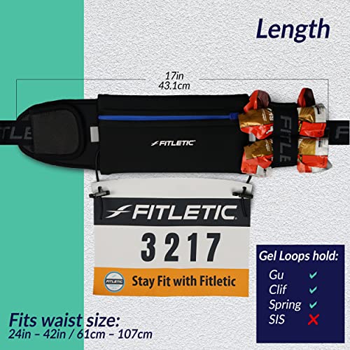 Fitletic - Ultimate II Running Pouch with Gels, Runners Pouch, Running Waist Belt with Gel Loops, Exterior Pocket, Inner Pocket, and Integrated Bib Toggles, Running Accessories - color: Black