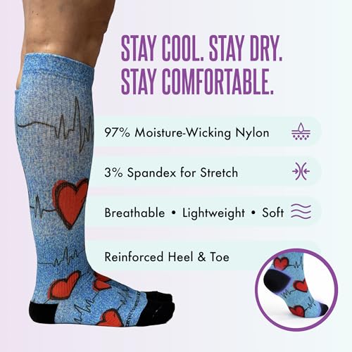 Crazy Compression Over-the-Calf Socks with Fun Designs - color: Heart Station Blue (Wide), size: Small-Medium