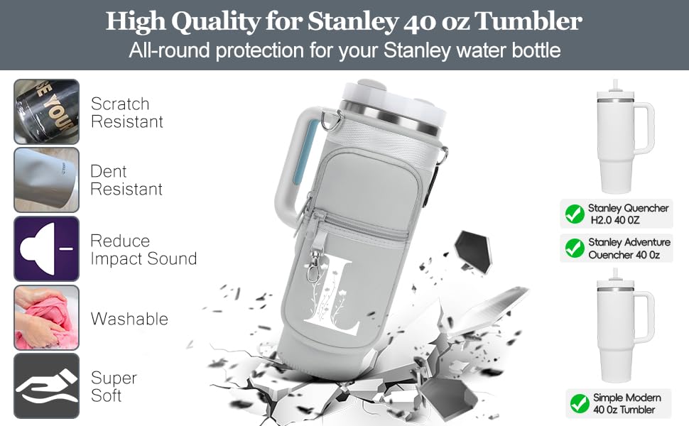 Initial Water Bottle Holder with Strap for Stanley Cup 40 oz Tumbler - color: Gray, style: Q