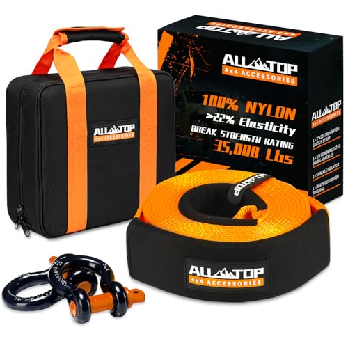 ALL-TOP Heavy Duty Tow Strap Recovery Kit: 3 inch x 20ft (35,000lbs) 100% Nylon and 22% Elongation Snatch Strap + 3/4 Heavy Duty D Ring Shackles (2pcs) + Storage Bag - size: 3" x 20’ Kit