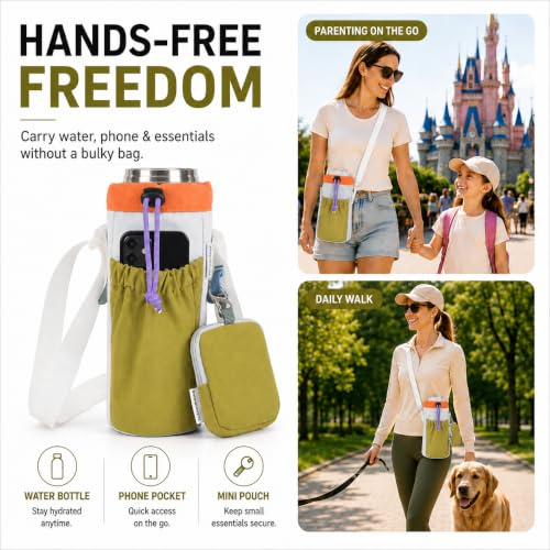 Water Bottle Holder with Strap Fits 16-24oz Bottle, Water Bottle Carrier with Earphone Bag, Hands-Free Crossbody Bottle Bag for Dog Walking, Travel, Hiking & Everyday Use - color: Khaki