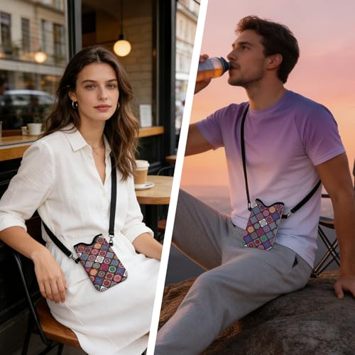 GLOBLELAND Pattern Cell Phone Sleeve Pouch Case Bag with Crossbody Strap Neck Lanyard for Women Men - color: Bohemian Tiles