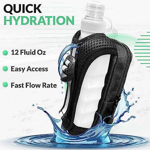 HydroBlast Handheld Running Water Bottle 12 oz of Quick Hydration for Long Distance Running with Large Storage Holder for Phone