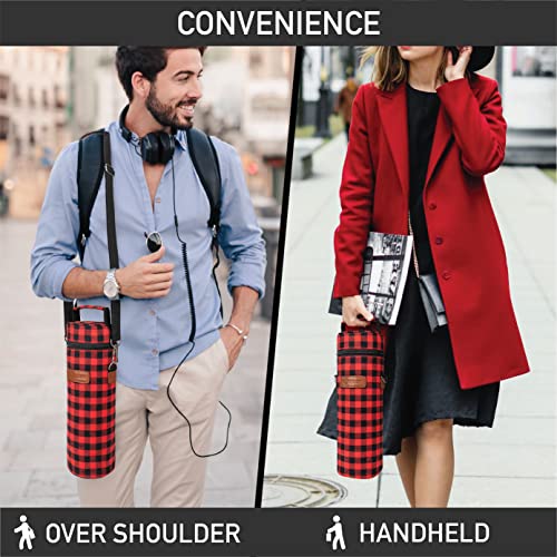 opux Single Bottle Wine Bag Carrier, Insulated Cooler Tote, Plaid Red Black - color: Buffalo Plaid Red