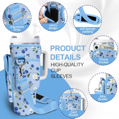 Water Bottle Carrier Bag for Stanley Cup 40oz/30oz with Phone Pocket, Neoprene Water Bottle Holder with Adjustable Shoulder & Handle Strap, Stanley Cup Accessories for Walking Travel Gym - color: Blueberries