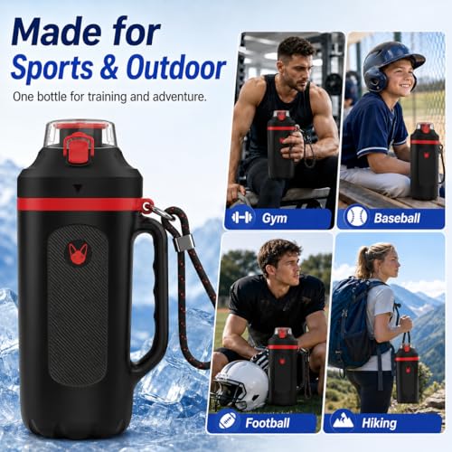 32oz Insulated Water Bottle Multi-Function Sports Jug with Handle & Magnetic Blender - Leak Resistant for Baseball Football Gym & Outdoor Activities (Black & Fiery Red) - color: Black & Fiery Red