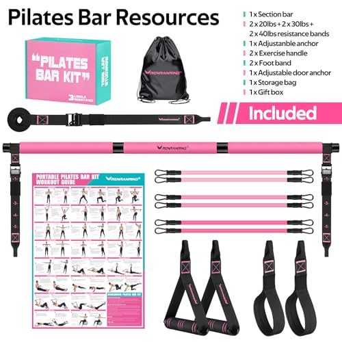 Pilates Bar Kit with Resistance Bands, Pilates Workout Equipment for Women - color: Pink