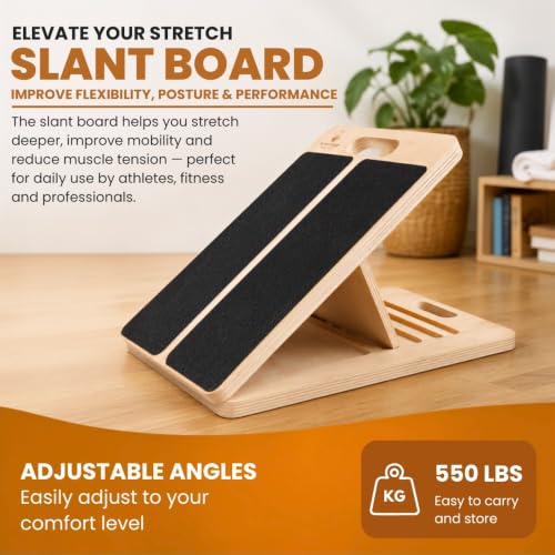Slant Board for Calf Stretching, Portable Foldable Wooden Calf Stretcher, Adjustable Incline Board for Squats, Pilates and Physical Therapy, Non-Slip 550 lb Capacity with Carry Handles