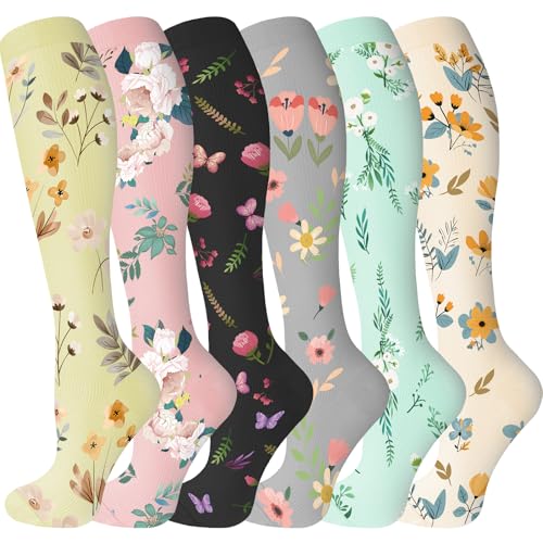 bropite Compression Socks For Women&Men,6 Pairs 20-30 mmHg Knee-High Socks - color: 10 Greendandelion 28, size: Small-Medium