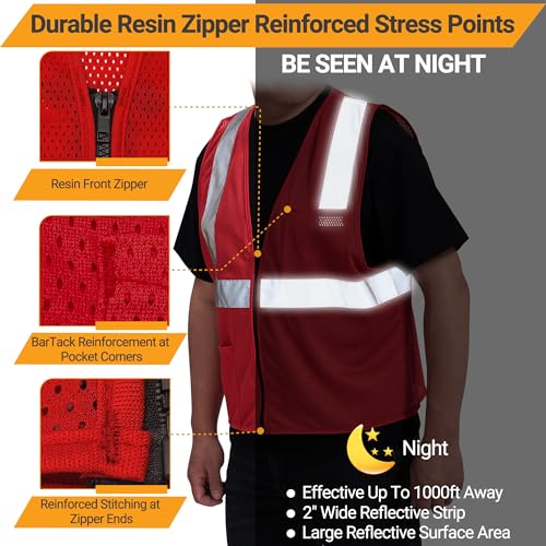 AYKRM 2 Pocket Mesh High Visibility Reflective Safety Vest for men & Women ANSI/ISEA 107 Standards - color: Red, size: Small