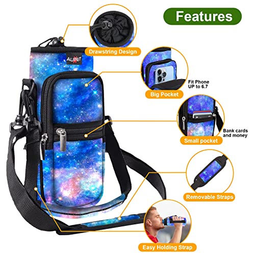 AUPET Water Bottle Sling Bag Sleeve Holder Carrier 25/32/40/64 oz,Insulated Crossbody Water Bottle Case Cover with Strap and Pockets for Men/Women Walking Hiking - color: blue starry sky, size: 25oz