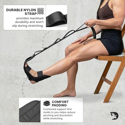 DMoose Fitness Foot & Calf Stretcher with Adjustable Padded Stretching Strap for Plantar Fasciitis, Hamstring, Heel Spurs and Achilles Tendonitis Relief - Yoga Leg Stretch Strap for Flexibility - color: Black Premium