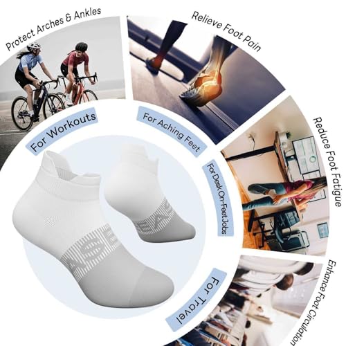 6 Pairs Ankle Compression Socks Women Men 15-20 mmHg Low Cut Athletic Running Arch Support for Travel Nurses Flight - color: Two-tone White