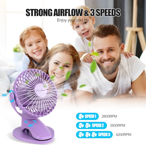 Portable Clip Fan Battery Operated,3 Speeds USB Rechargeable Mini Table Fan with Strong Airflow,360°Rotation Ultra Quiet Personal Desk Fan for Home Office Bedroom Dorm Stroller Camping(Purple) - color: Purple