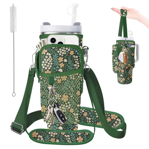 Water Bottle Carrier Bag for Stanley 40/30oz Cup Tumbler with Phone Pocket,Insulated Crossbody Water Bottle Holder with Adjustable Strap,Water Bottle Sling Pouch for Hiking Walking Camping Accessories - color: Green Flowers