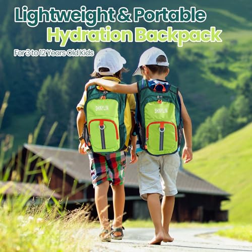 Shinylin Kids Hydration Backpack with 1.5L Water Bladder Hiking Backpack Lightweight for Boys or Girls Children Biking Climbing Running Cycling - color: Fluorescent Green, style: Classic