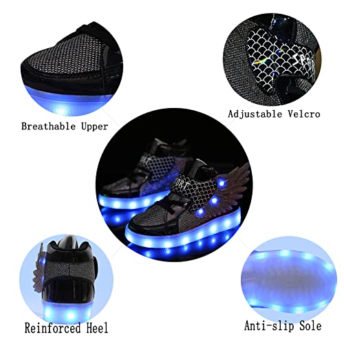 Kids Light up Shoes LED USB Charging Flashing High-top Wings Sneakers Boys Girls Trainers for Festivals Halloween Christmas New Year Party Great Gift - color: Black, size: 10.5 Little Kid