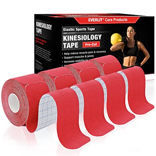EVERLIT [4-Pack] Pre-Cut Elastic Cotton Kinesiology Therapeutic Athletic Sports Tape, for Pain Relief and Support, 80 Precut 10” Strips (Red) - color: Red