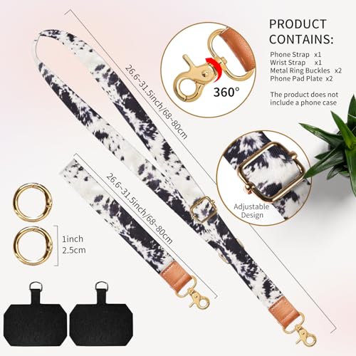 Cell Phone Lanyard Adjustable Crossbody Strap, Cute Phone Neck Wristlet Wrist Strap Patch for Keys Case Accessories - color: Black White Cowhide